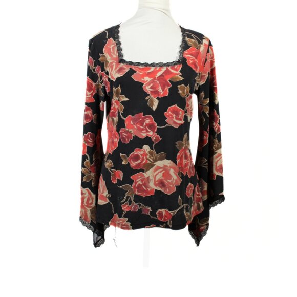 Vintage 1990s Whimsigoth Rose Print Bell Sleeve Blouse – Black Lace, Size L - Picture 2 of 9